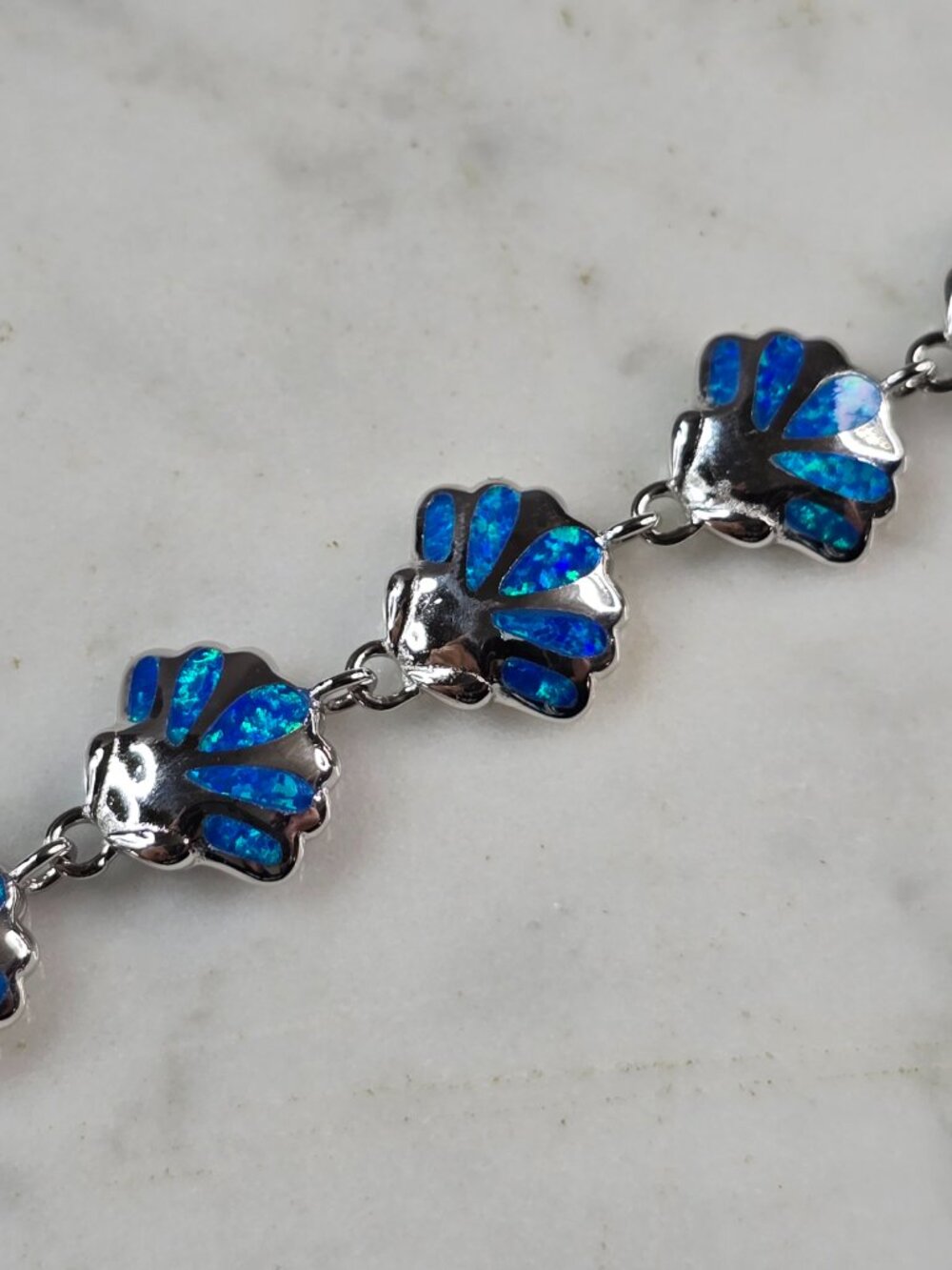 Womens Sterling Silver Blue Opal Sea Shell Bracelet 14.2g E4184 - Picture 2 of 4